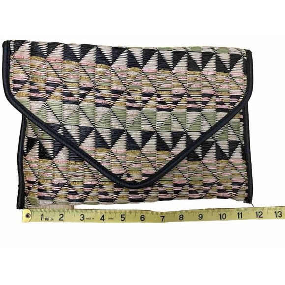 BCBGeneration Straw Purse Clutch Aztec Envelope Foldover Leather Trim Pink Blk - Picture 8 of 9